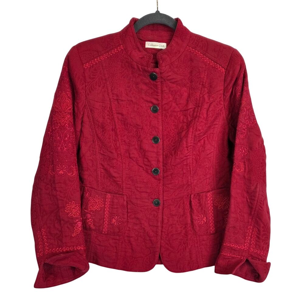 Coldwater Creek Red Floral Embroider Blazer 10 Casual Chic Asian Inspired Jacket - Picture 2 of 15